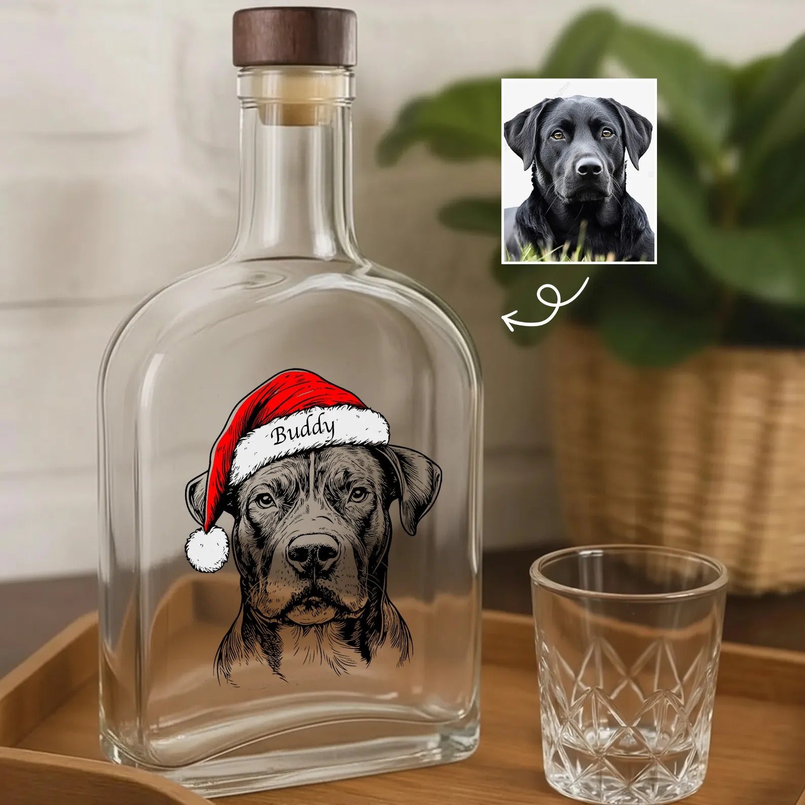 Custom Pet Portrait Christmas Whiskey Bottle | Personalized Dog/Cat Santa Hat Graphic Whiskey Bottle