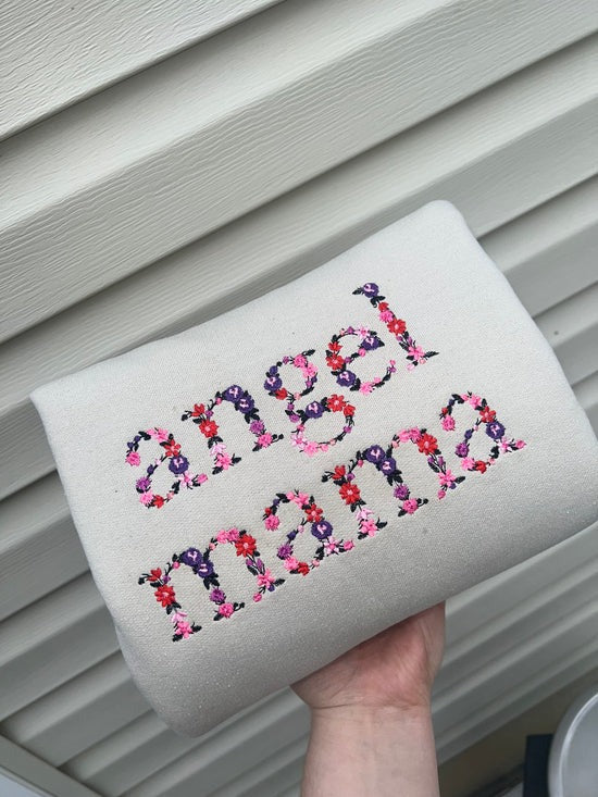Custom Embroidered Angel Mama Floral Sweatshirt/Hoodie with Baby's Name on Sleeve | Mother's Day Gift