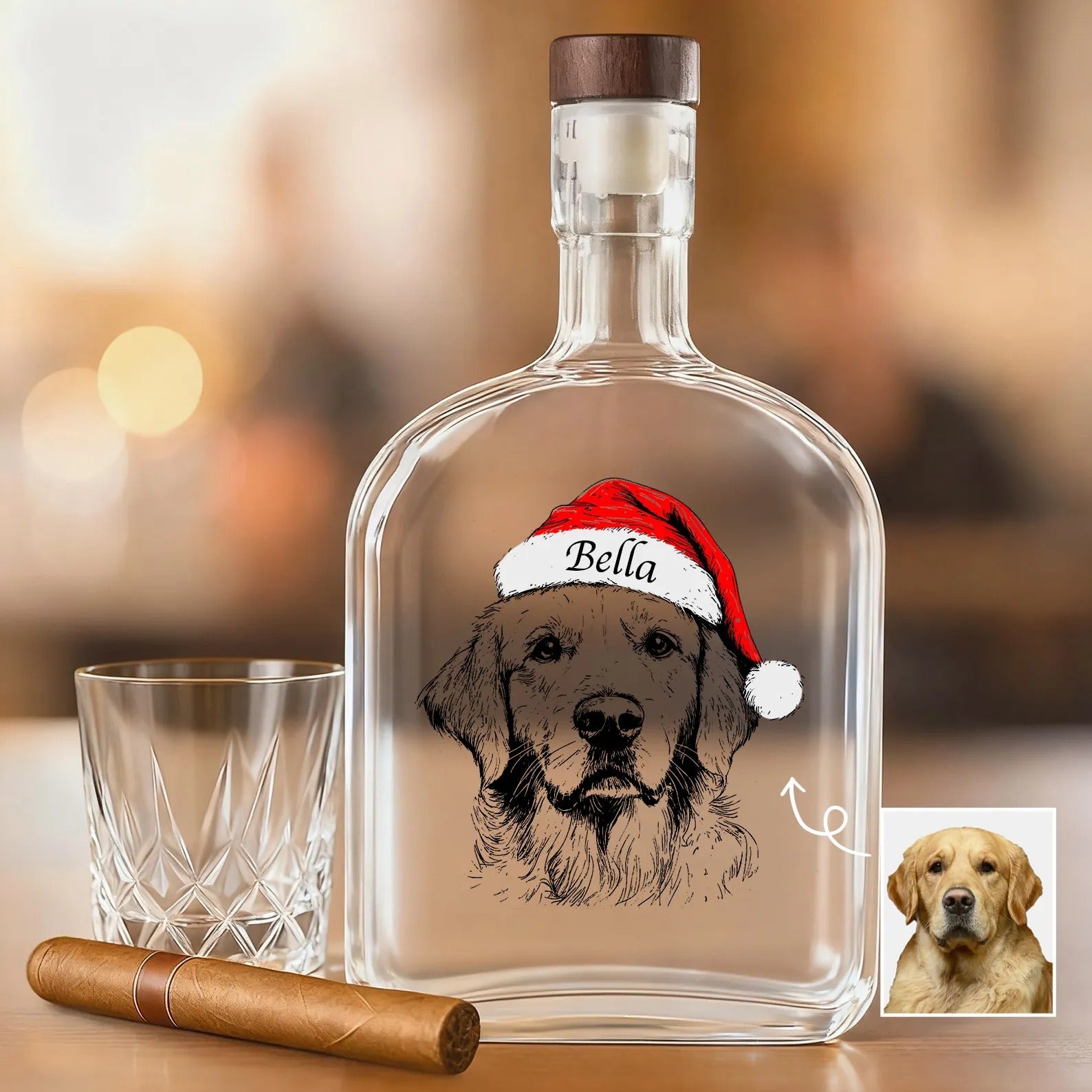 Custom Pet Portrait Christmas Whiskey Bottle | Personalized Dog/Cat Santa Hat Graphic Whiskey Bottle