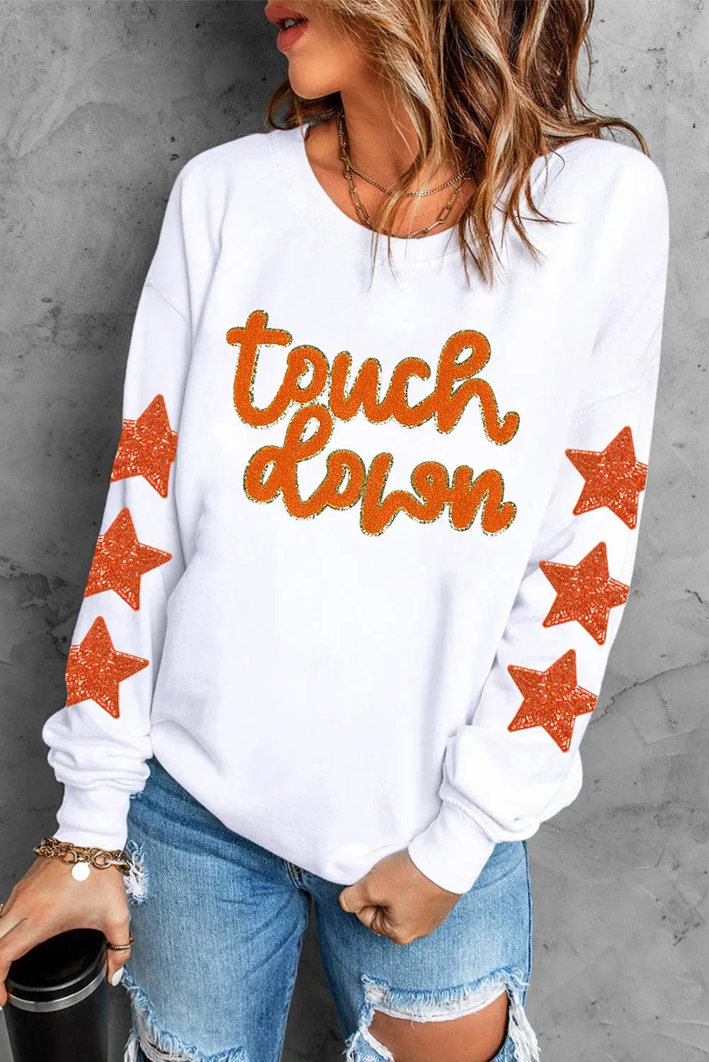 Beige Glittering Star Sleeve Sweatshirt & Hoodie For Game day