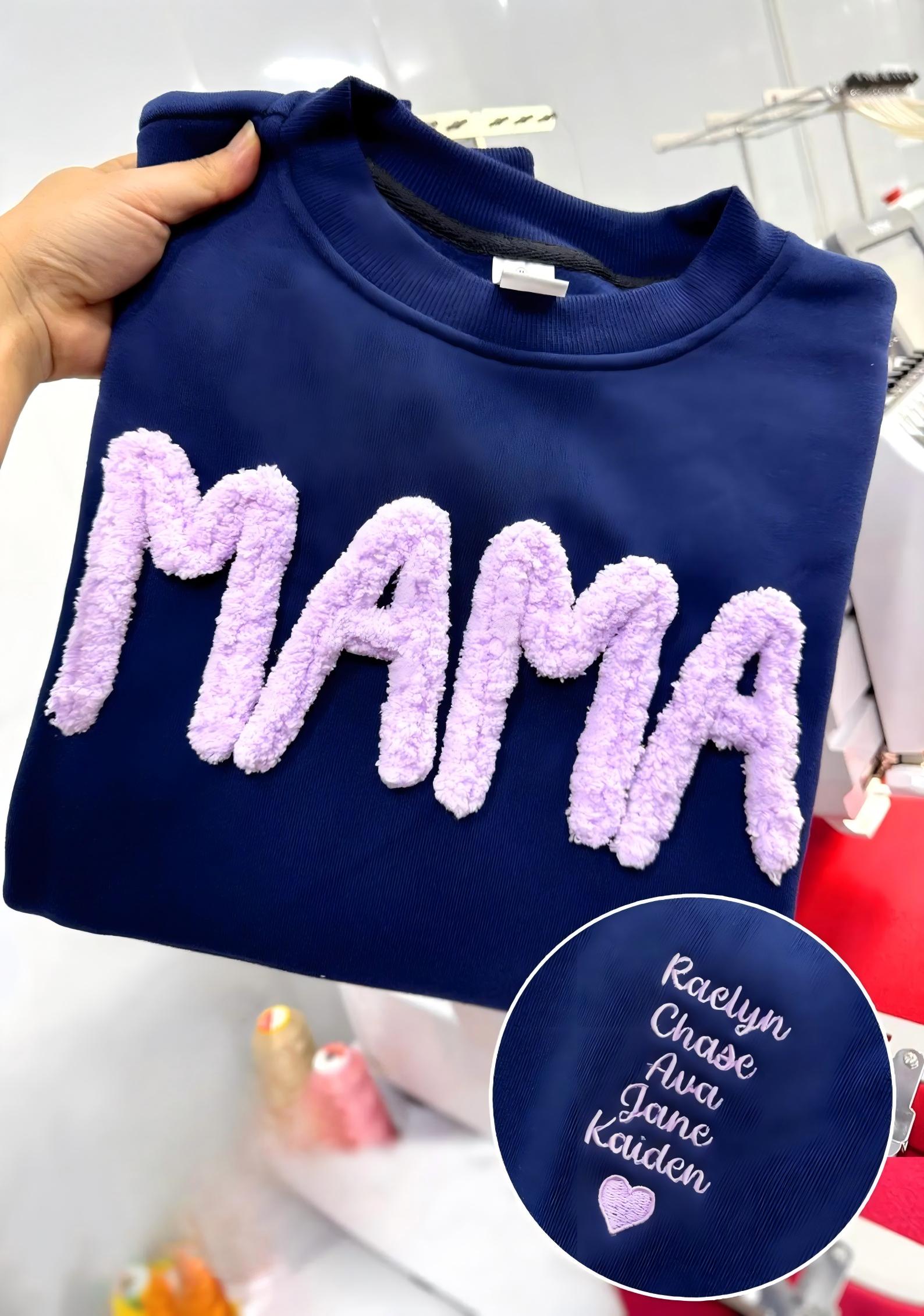 Custom Chenille Yarn Embroidered Mama Sweatshirt – Kids Names on Sleeve | Mother’s Day Gift
