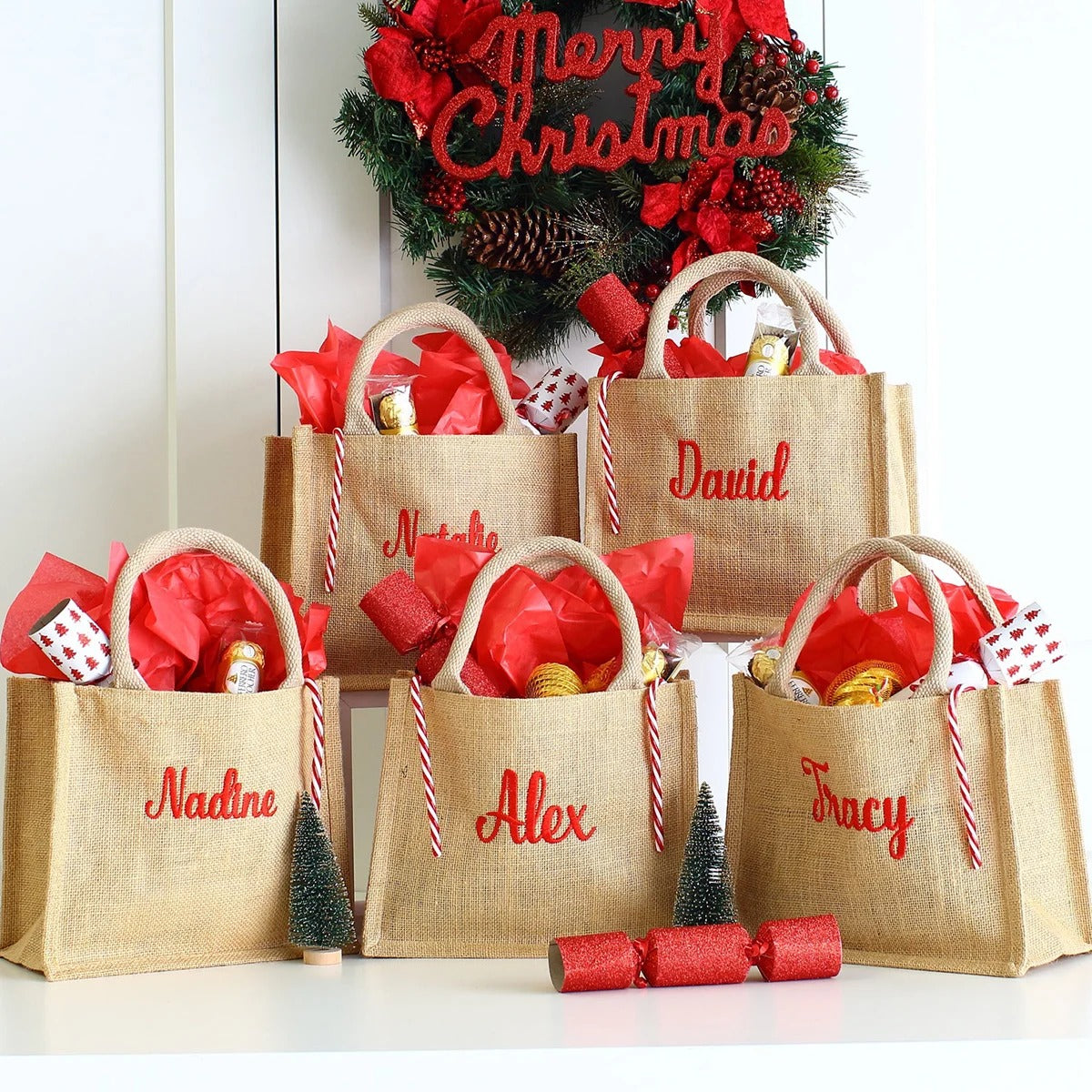 Custom Personalized Name Embroidered Christmas Gift Bag Eco-friendly Jute