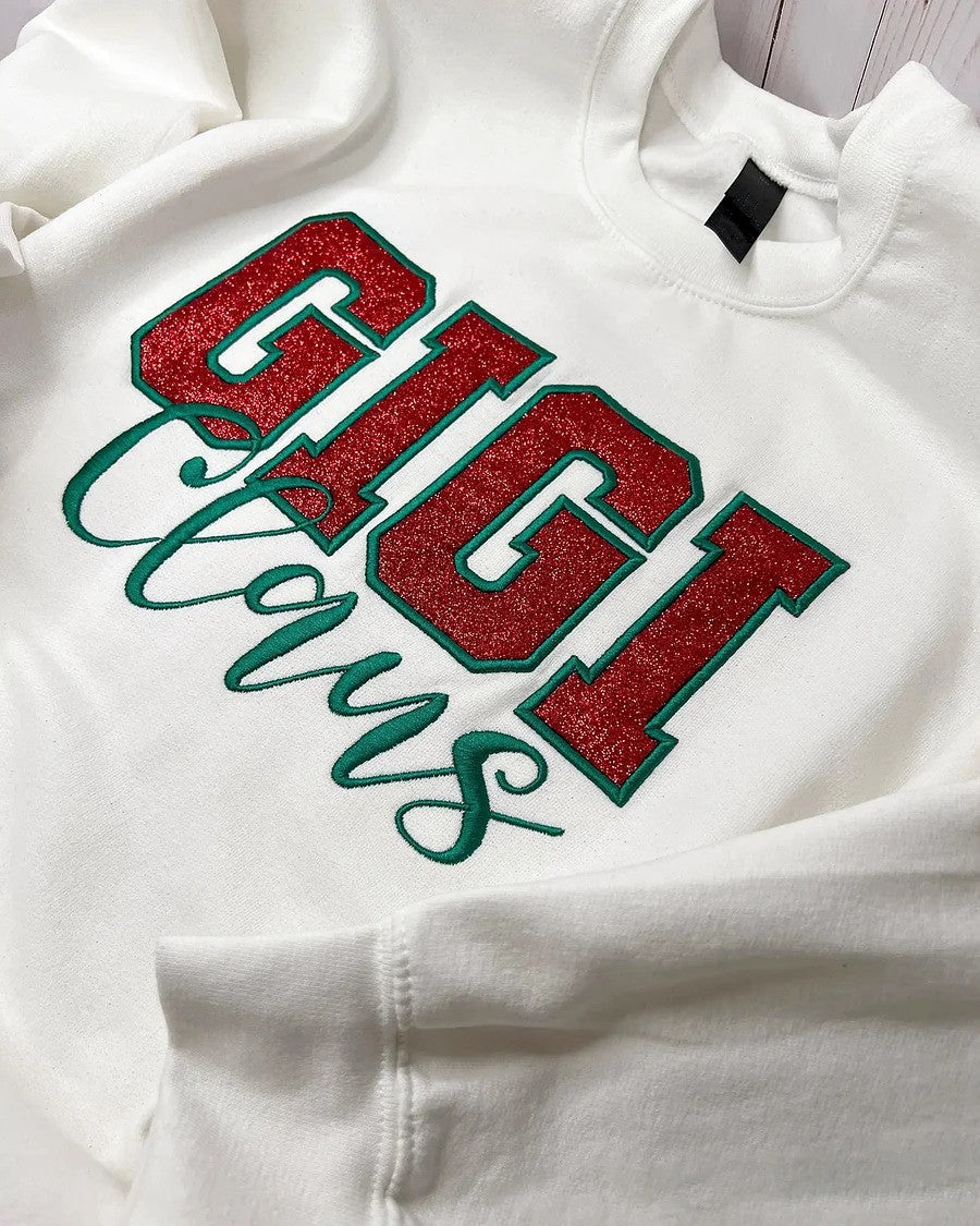 Custom Embroidered Glitter Appliqué Gigi Mimi Mama Claus Sweatshirt with Names on Sleeve
