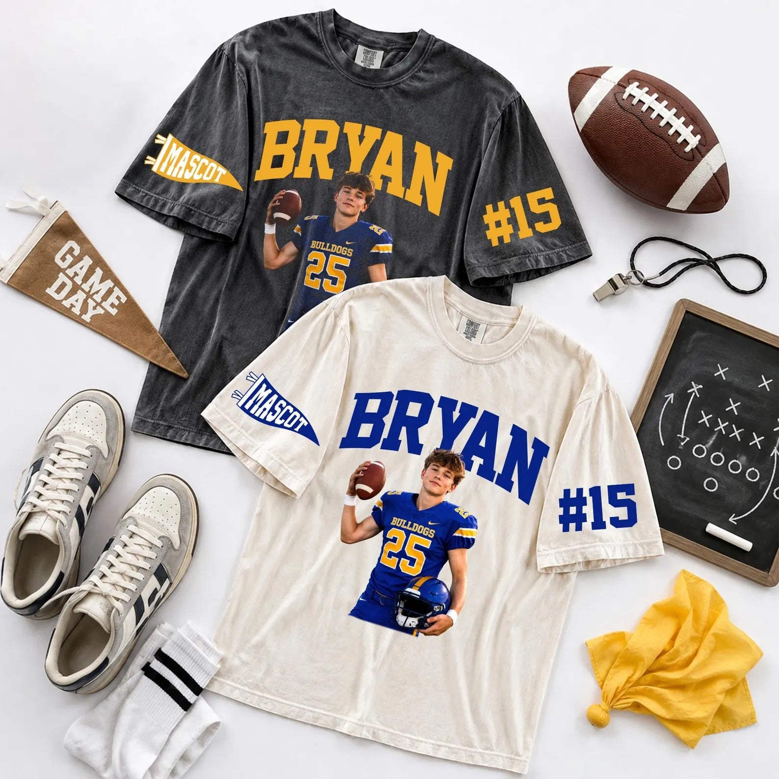 Custom Photo Football Player T-shirt: Pennant Football Senior Mom Shirt | With Team Name & Number Tee | Game Day Wear