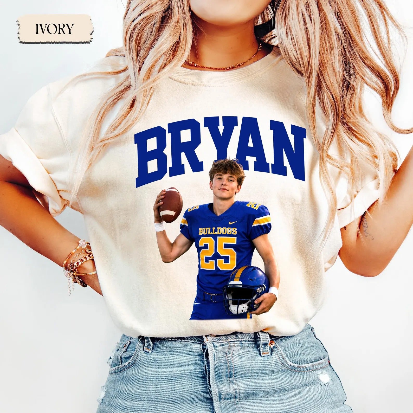 Custom Photo Football Player T-shirt: Pennant Football Senior Mom Shirt | With Team Name & Number Tee | Game Day Wear