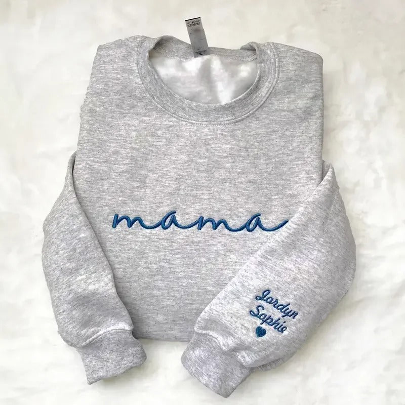 Custom mama Embroidered Sweatshirt with Kids Names on Sleeves | Mother's Day Gifts