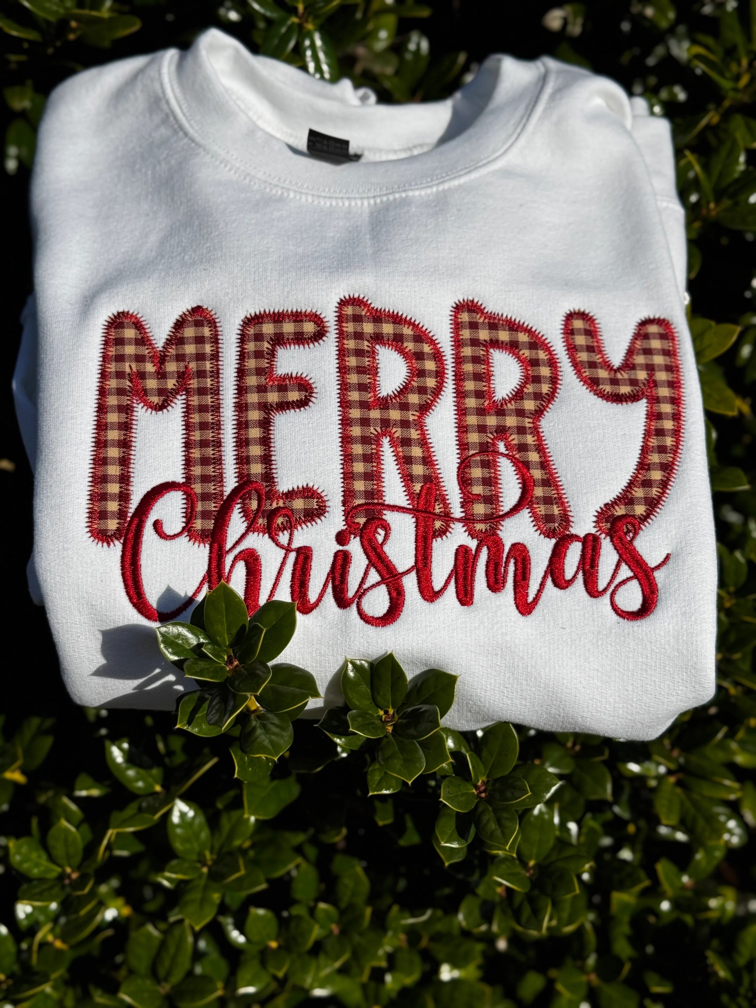 Custom Merry Christmas Applique Embroidered Side Bow Sweatshirt