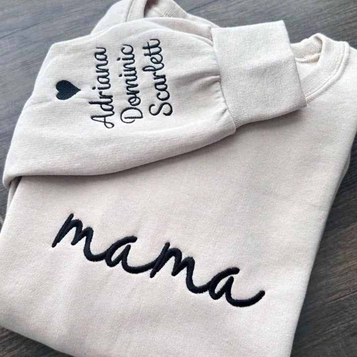 Custom mama Embroidered Sweatshirt with Kids Names on Sleeves | Mother's Day Gifts