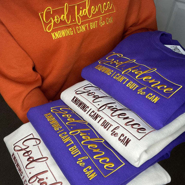 God.Fidence Knowing I Can't but He Can Embroidered Crewneck Sweater