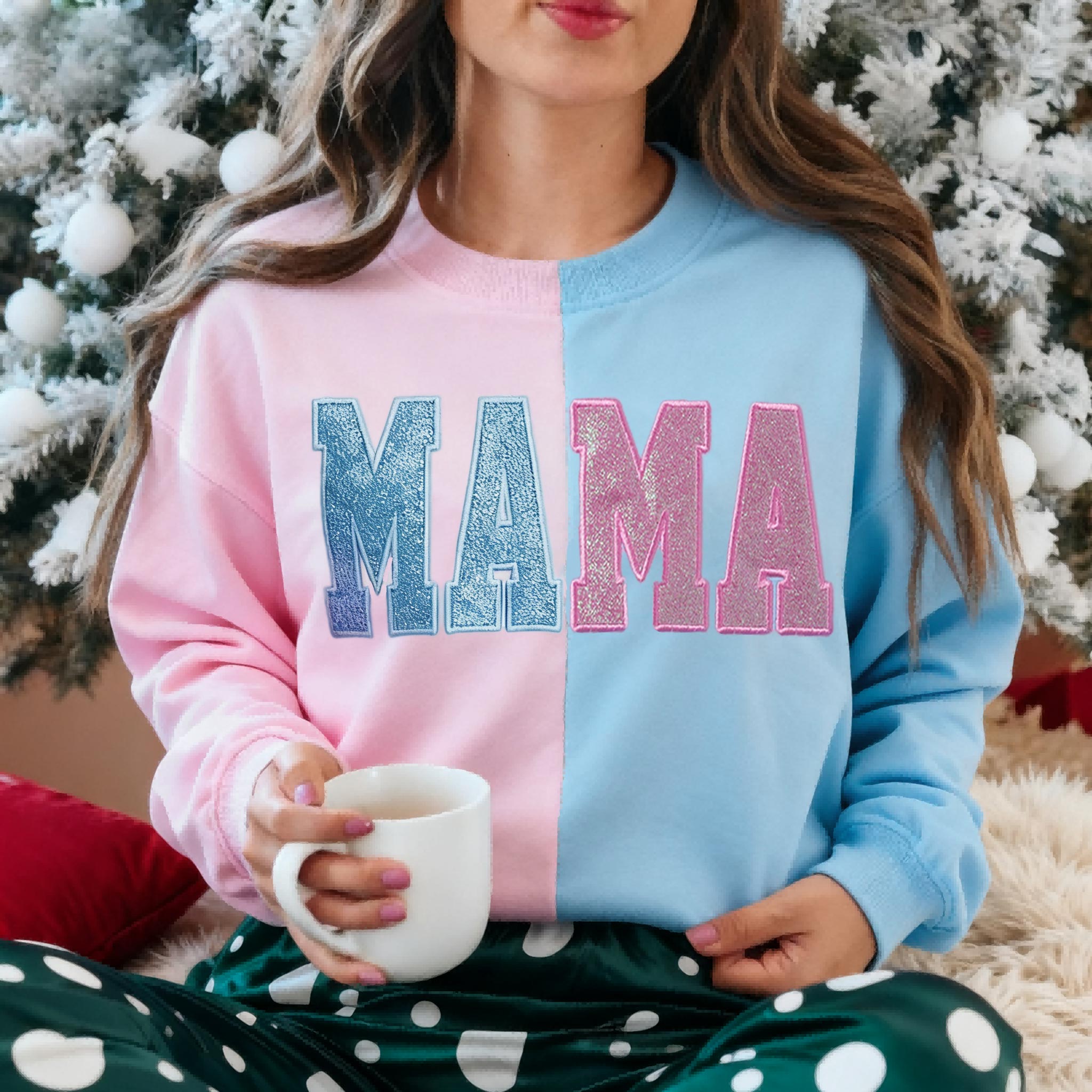 Custom Glitter Two Tone MAMA Embroidered Sweatshirt  | Christmas Gifts for Mom | Mother's Day Gifts
