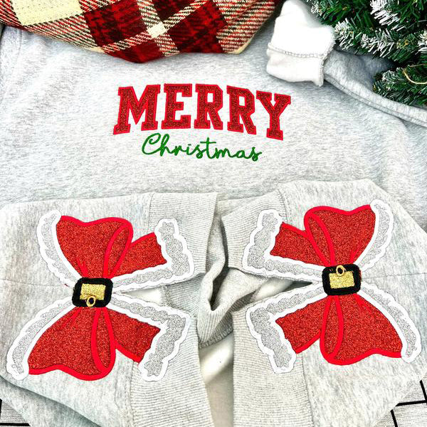 Personalized Merry Christmas Santa Clause Bow Side Embroidered  Sweatshirt