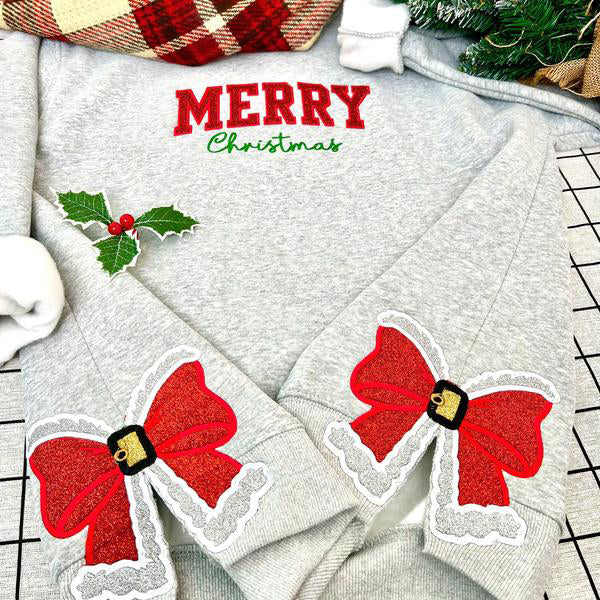 Personalized Merry Christmas Santa Clause Bow Side Embroidered  Sweatshirt
