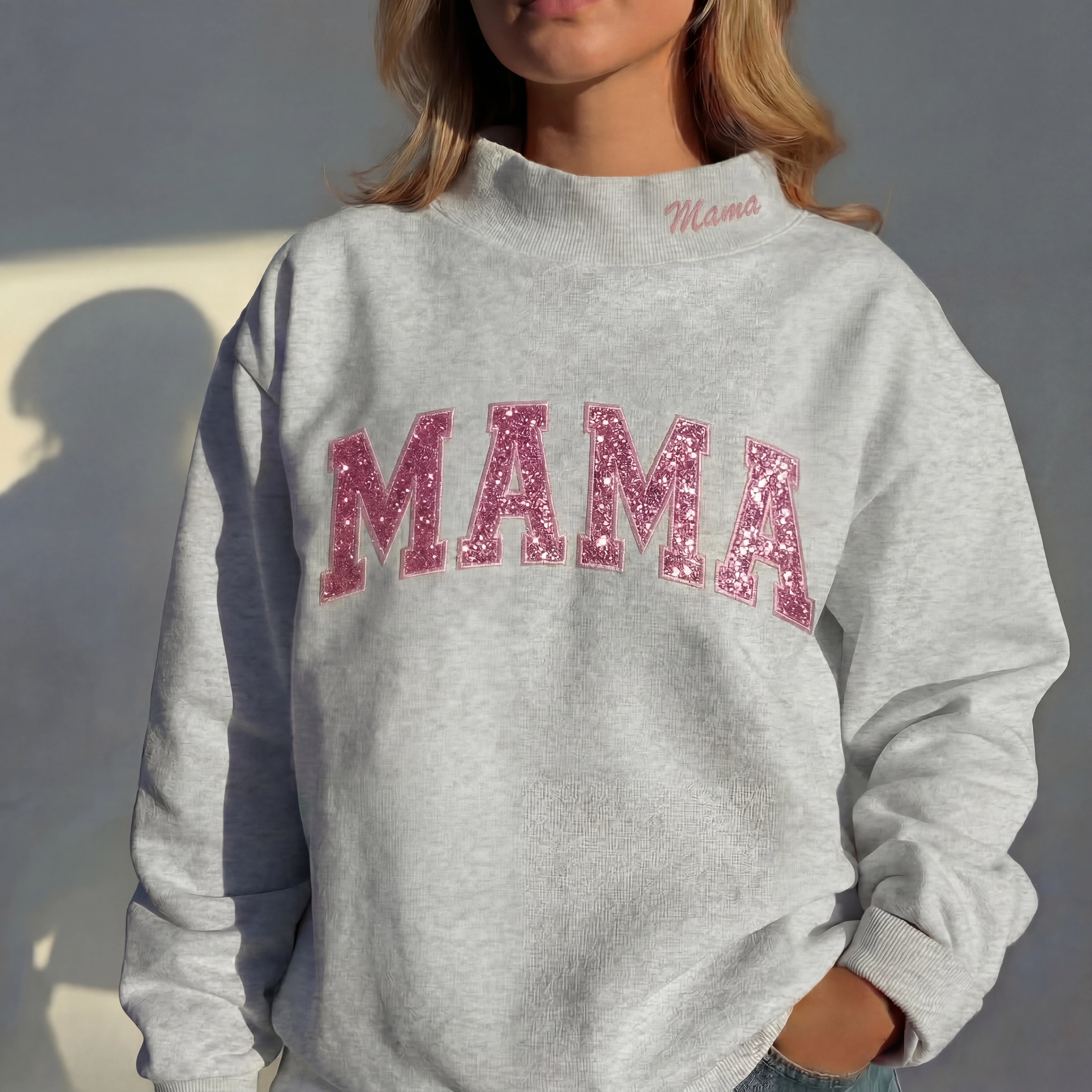 Custom Glitter Applique Patch Sweatshirt – Stand-up Collar, Sparkly "MAMA" Embroidery | Mother's Day Gift
