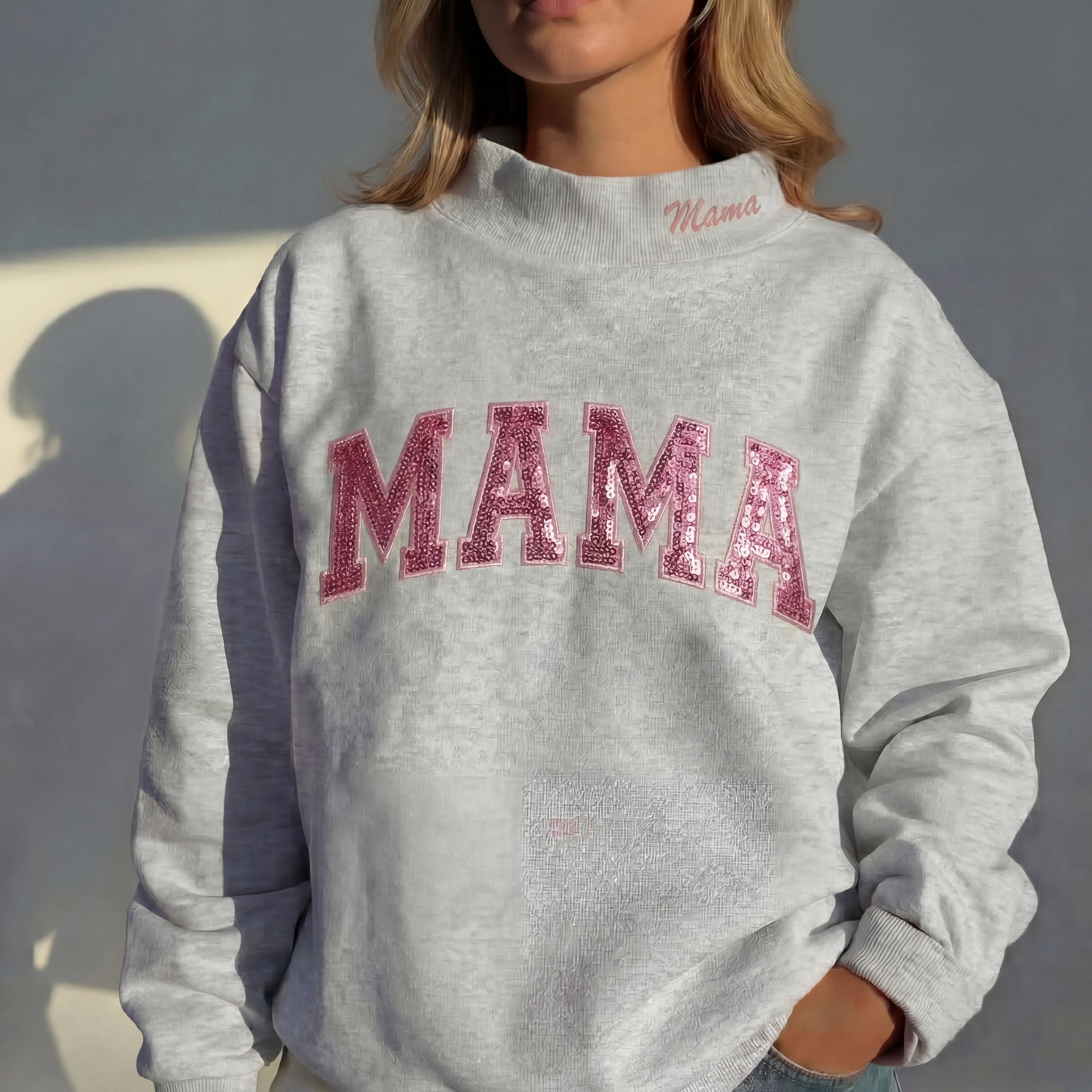 Custom Sequin Applique Patch Sweatshirt – Stand-up Collar, Sparkling "MAMA" Embroidery | Mother's Day Gift