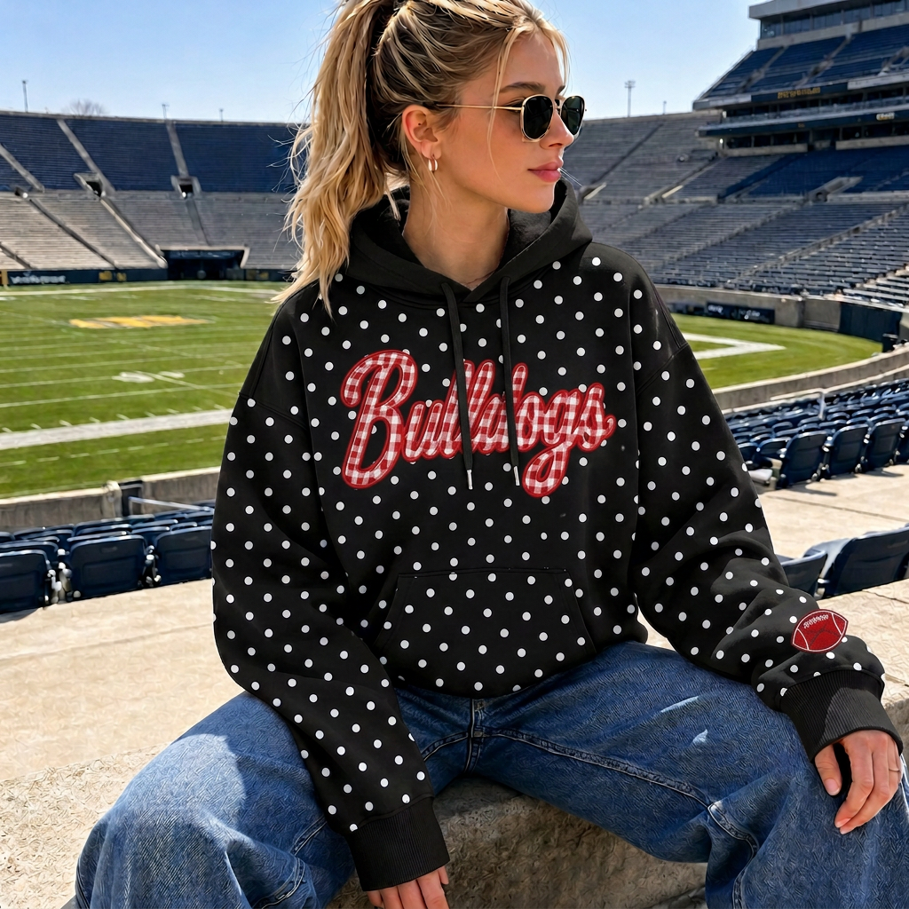 Personalized Polka Dot Game Day Hoodie - Custom Football Cheerleader Sweatshirt with Name & Sports Icon on Sleeve - Team Mom Gift