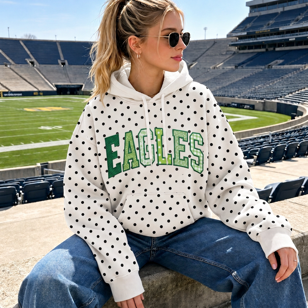 Custom Patchwork Fabric Embroidered Polka Dot Hoodie | Personalized Team and School Name|Game Day Wear
