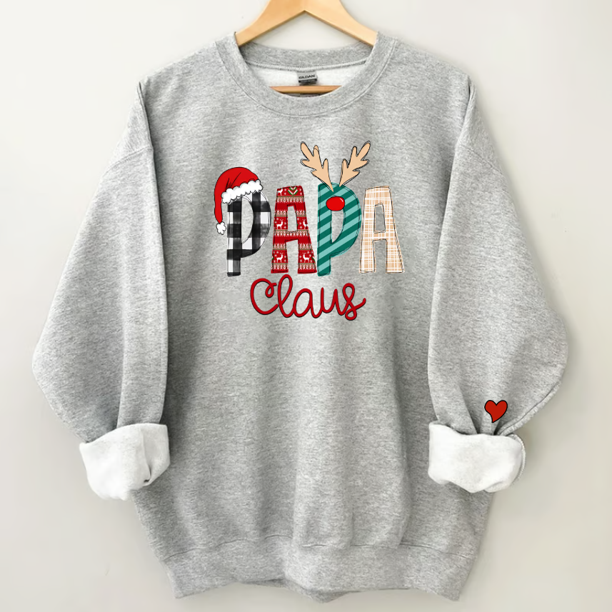 Custom Personalize Merry Christmas Papa Claus Sweatshirt with Kids Name on Sleeve