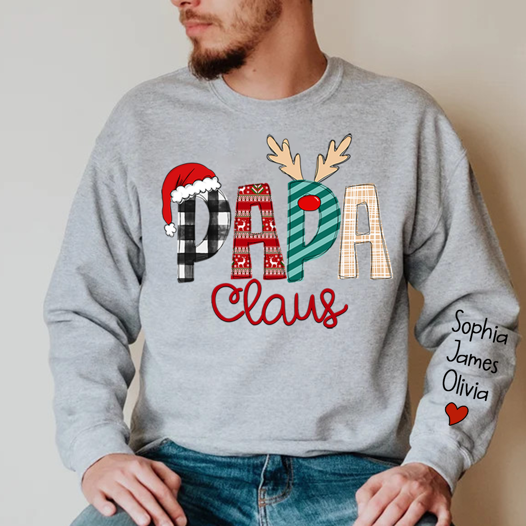 Custom Personalize Merry Christmas Papa Claus Sweatshirt with Kids Name on Sleeve