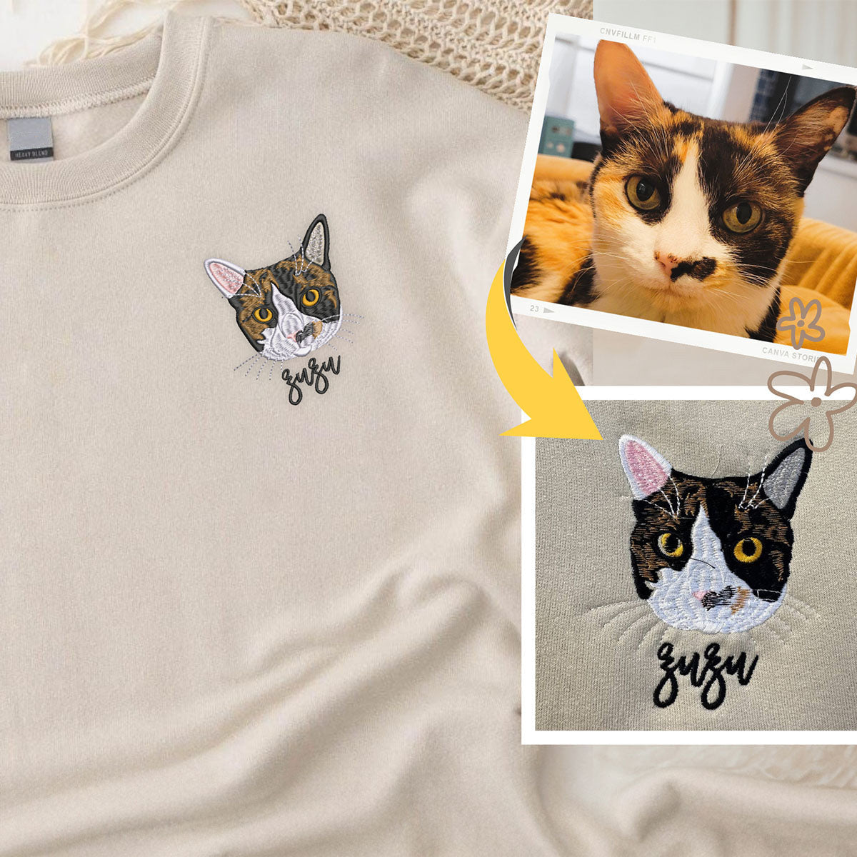 Personalized Cat Face from photo Embroidered Sweatshirt | Gift For Pet Lover