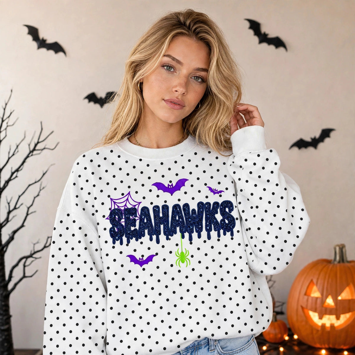Personalized Halloween Team Name Glitter Embroidered Polka Dot Sweatshirt
