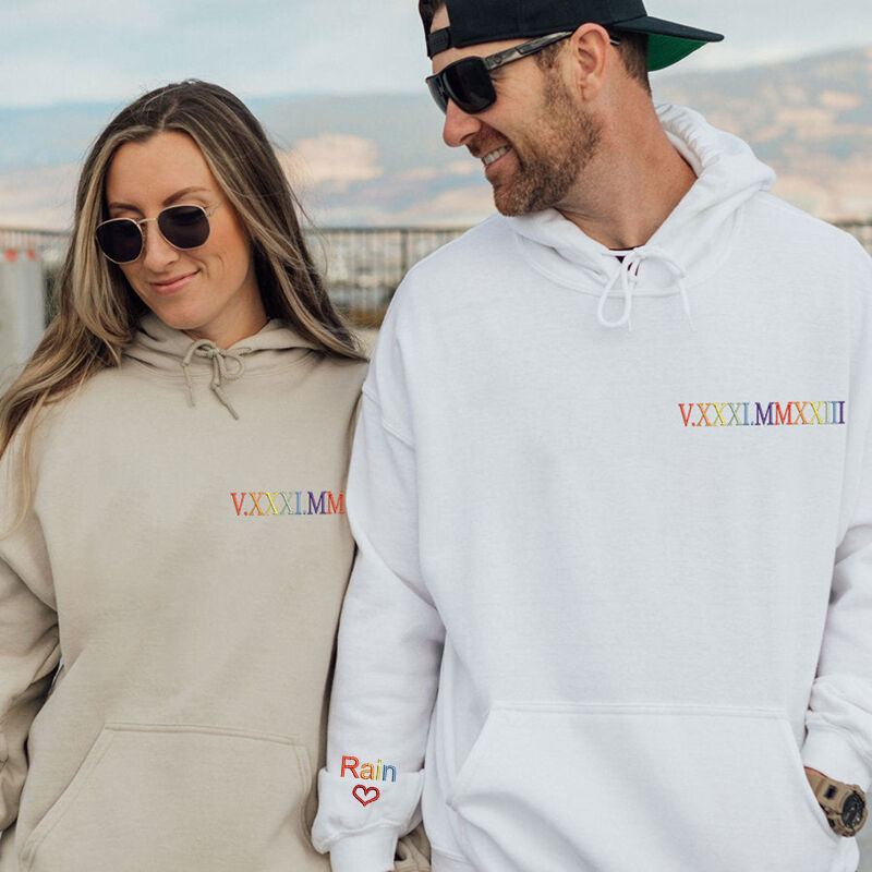 Custom Personalized Hoodie Embroidered Colorful Roman Numeral Date Attractive Gift for Couple's Anniversary