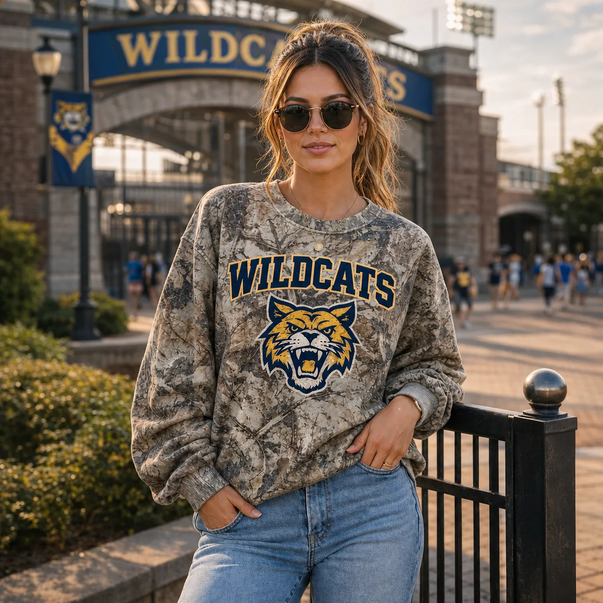 Custom Retro Camo Varsity Spirit Sweatshirt, Vintage Crewneck with Team Mascot & Name