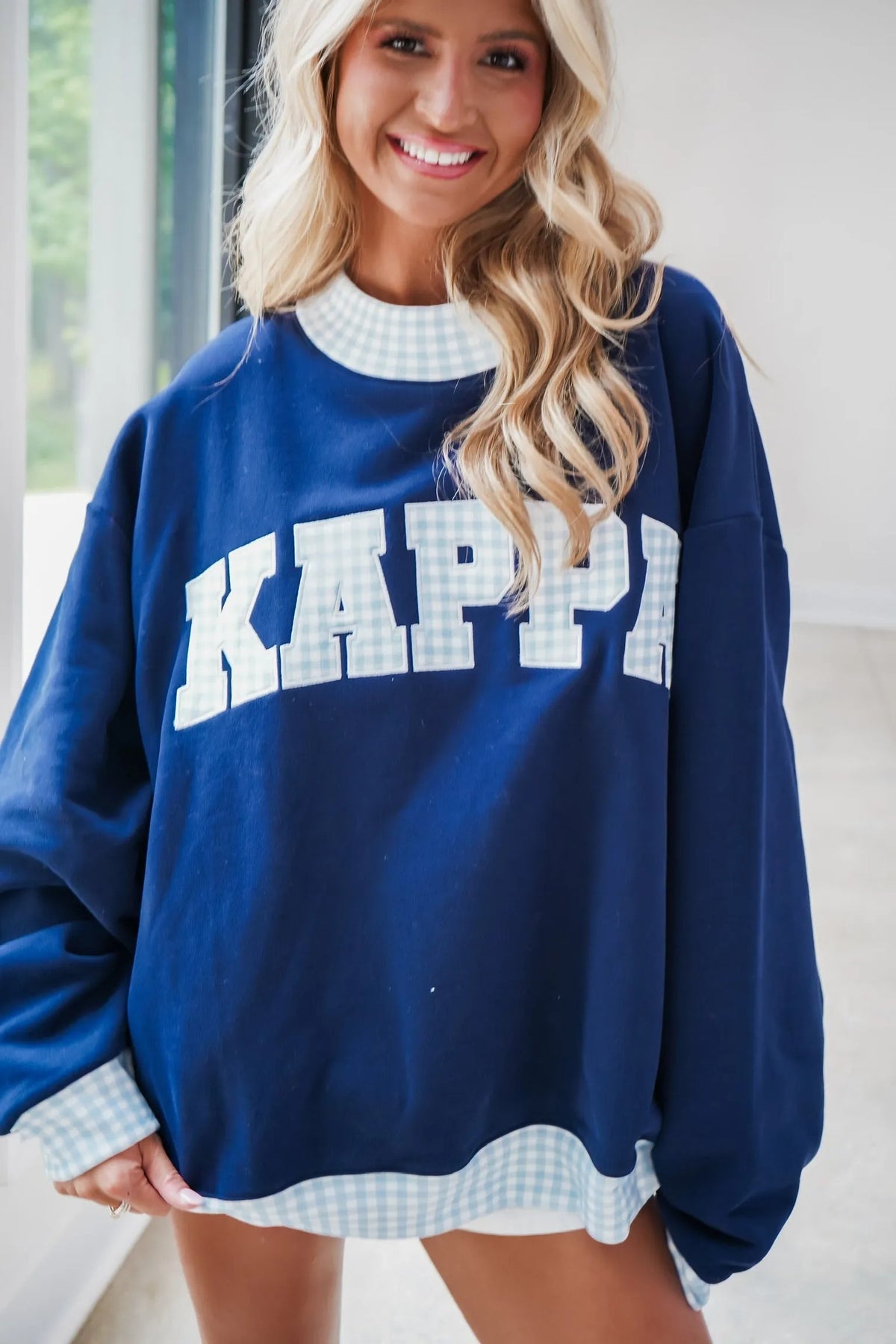 Custom Gingham Varsity Mockneck Sweatshirt – Oversized Pullover with Plaid Lettering Pullover