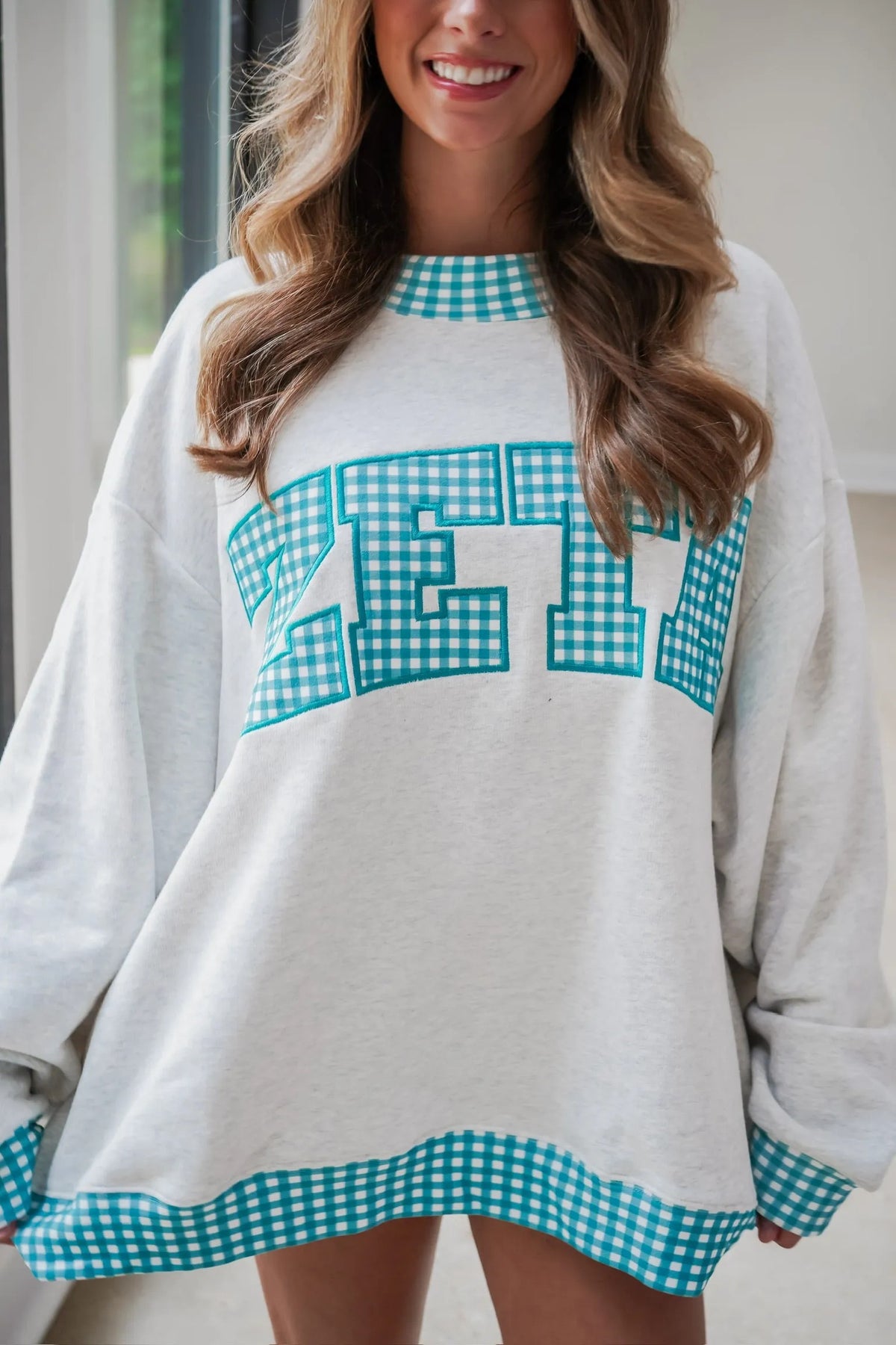 Custom Gingham Varsity Mockneck Sweatshirt – Oversized Pullover with Plaid Lettering Pullover