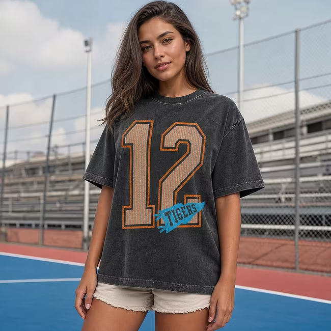 Custom Vintage Washed Sports Tee, Retro Striped Number & Team Name Oversized T-Shirt
