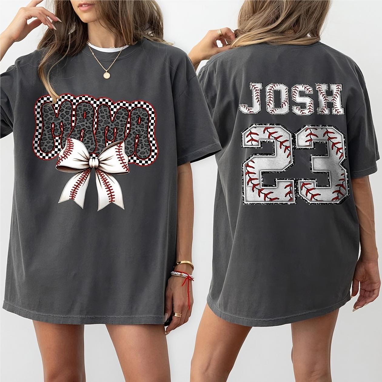 Personalized Two Side Mama Baseball Bow T-shirt | Gifts for Sports Mom