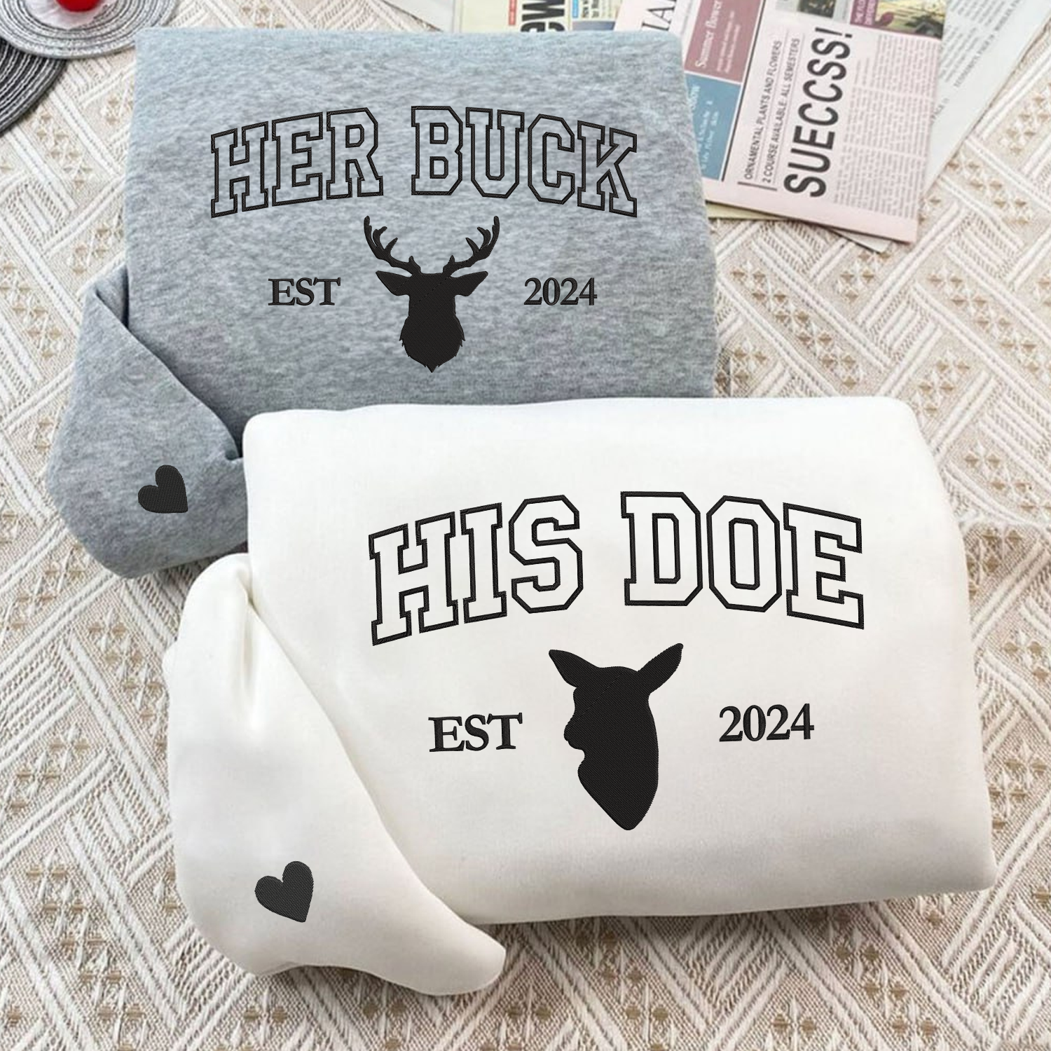 Custom Embroidered Doe Buck Est Year Matching Hoodies for Couples | Couple Anniversary Gift