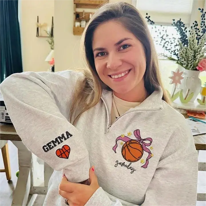 Personalized Coquette Bow Sports Quarter Zip Pullover Embroidered Athletic Preppy Sweatshirt | Gifts for Sports Mom