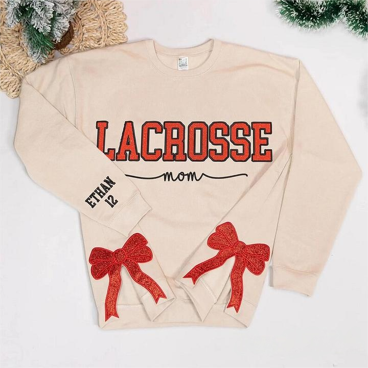 Personalized Glitter Lacrosse Mom Embroidered Side Bow Cut-Out Sweatshirt With Name On Sleeve
