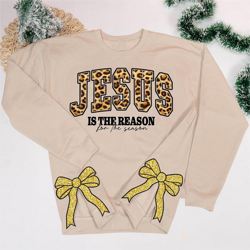 Jesus Side Bow Cut-Out Sweatshirt Leopard Pullover Side Bow Applique Sweatshirt Christmas Sweatshirt