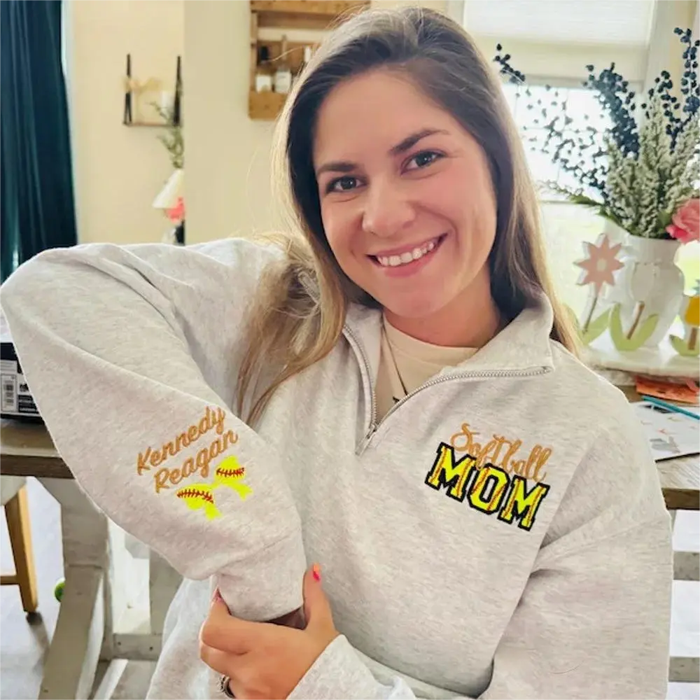 Personalized Softball Mom Embroidery Sweatshirt with Kid Name on Sleeve | Mother's Day Gift