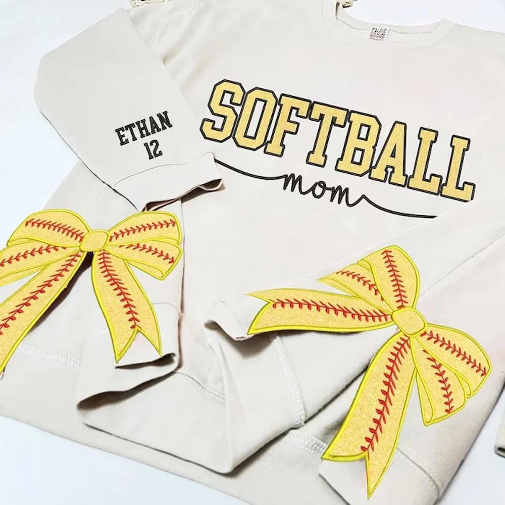 Personalized Softball Mom Side Bow Sweatshirt Glitter Embroidered Coquette Sweatshirt