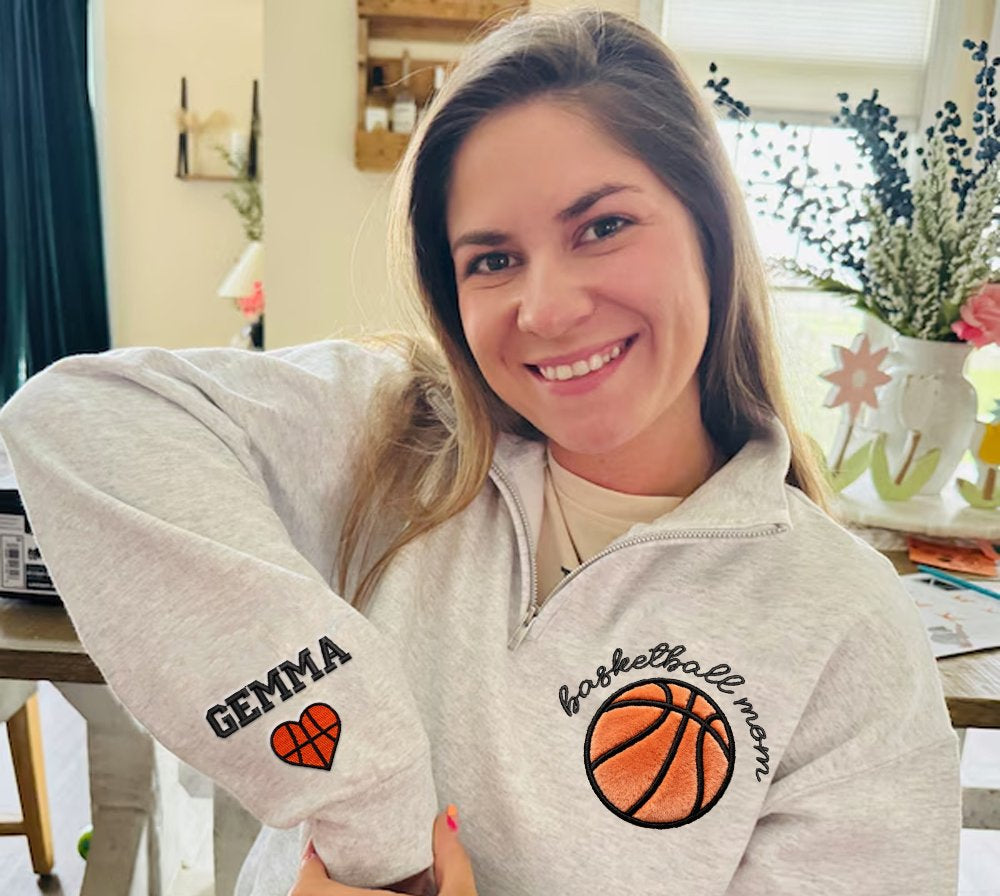 Personalized Embroidered Plush Basketball Quarter Zip Sweatshirt Gift For Basketball Mom | Gifts for Sports Mom