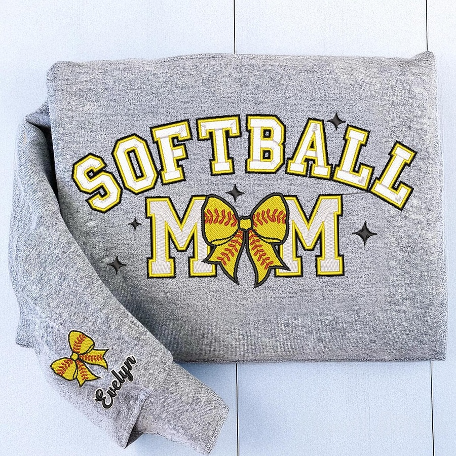 Custom Embroidered Softball Mom Sweatshirt Mom Sweatshirt with Name on Sleeve Gift for Mom Softball Lover
