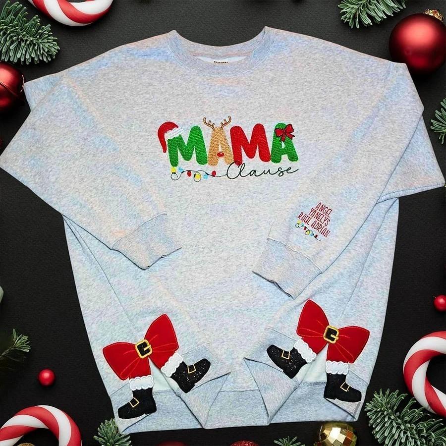 Personalized Trendy Christmas Sweatshirt with Santa Side Bow Embroidered Christmas Mama Sweatshirt