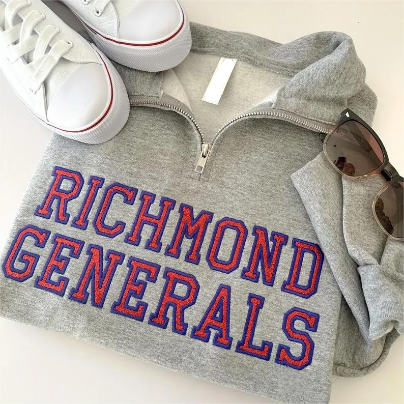 Custom Embroidered Glitter Varsity Quarter Zip Sweatshirt School Spirt Wear | Gifts for Sports Mom