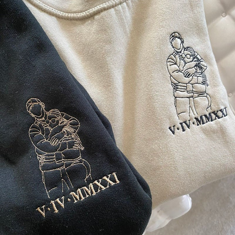 Custom Embroidered Couple Portrait Sweatshirt with Roman Numeral Date for Valentine's Day | Couple Anniversary Gift