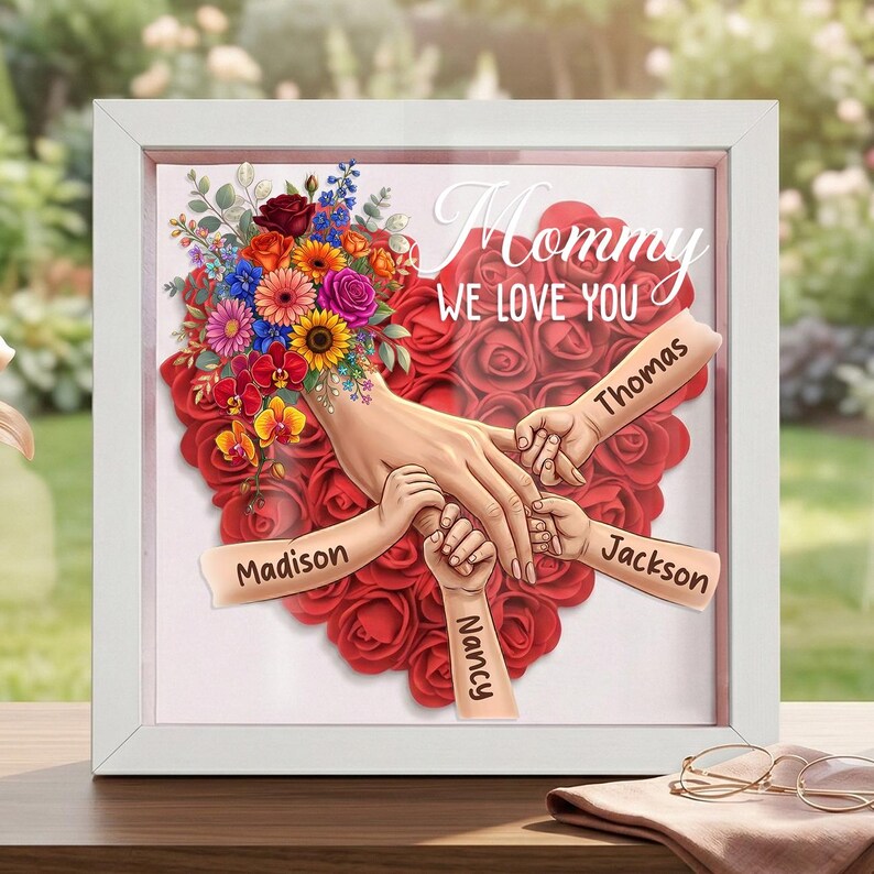Personalized Mom Holding Hands Shadow Box-Mother's Day Flower Frame