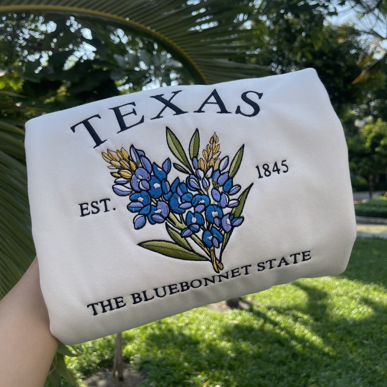 Custom Embroidered Texas Bluebonnet Sweatshirt | US State Flowers Embroidery State Gift Shirt