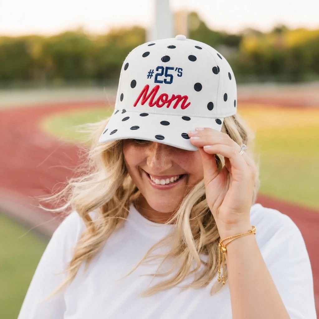 Custom Player Number Polka Dot Baseball Cap – Personalized Sports Mom Game Day Hat