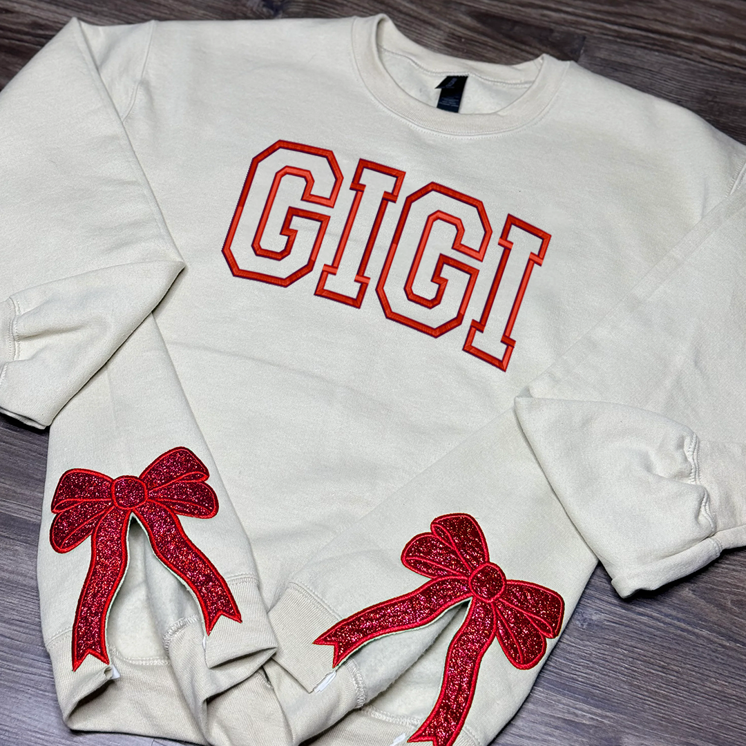 Custom Name Embroidered Christmas Bow Embellished Sweatshirt | Christmas Gift for Mom