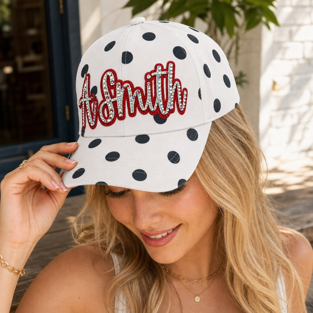 Custom Name Polka Dot Baseball Cap – Sparkly Rhinestone Script Bling Snapback Hat for Women | Game Day Wear