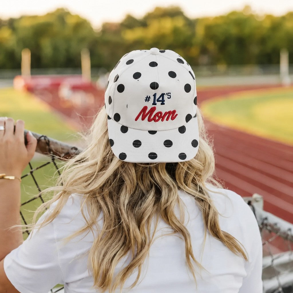 Custom Player Number Polka Dot Baseball Cap – Personalized Sports Mom Game Day Hat