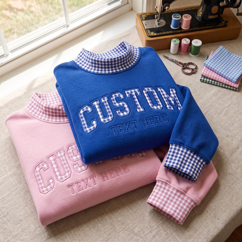 Custom Unisex Gingham Mock Neck Sweatshirt, Custom Applique Name Pullover, Personalized Embroidered