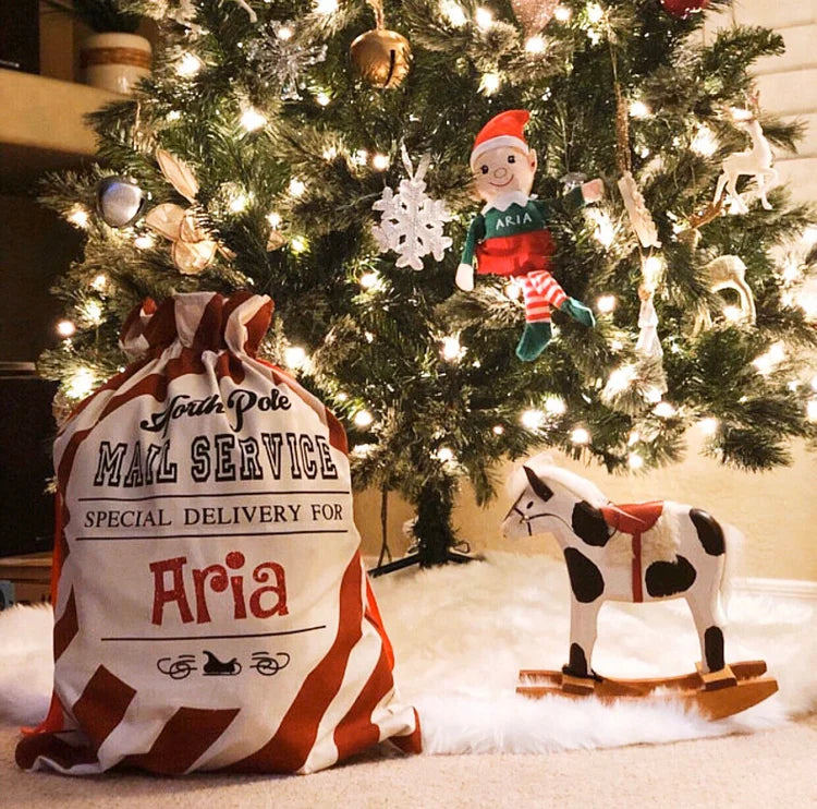 Personalized Santa Sack Candy Cane Red Stripe Canvas Sack for Christmas Decoration