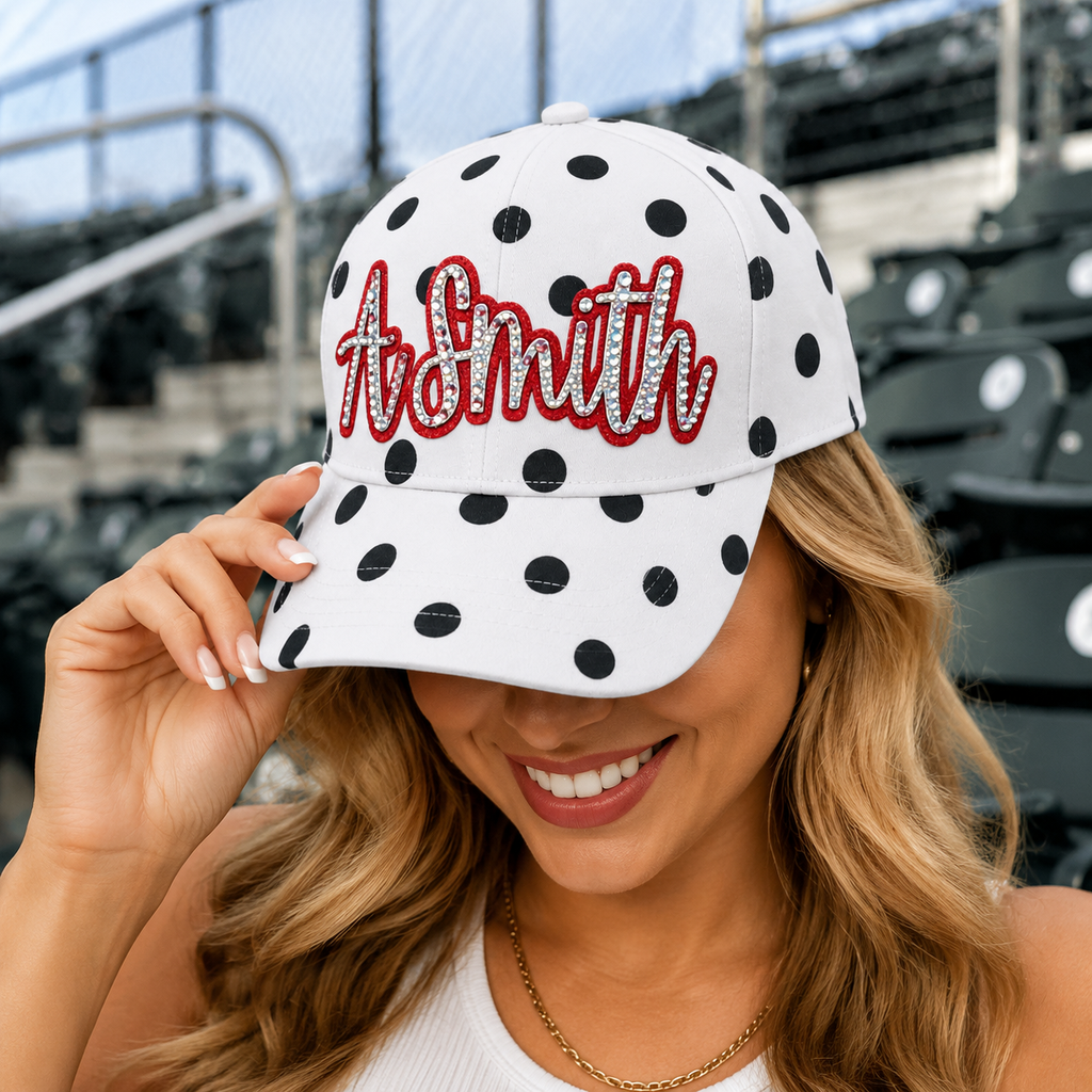 Custom Name Polka Dot Baseball Cap – Sparkly Rhinestone Script Bling Snapback Hat for Women | Game Day Wear